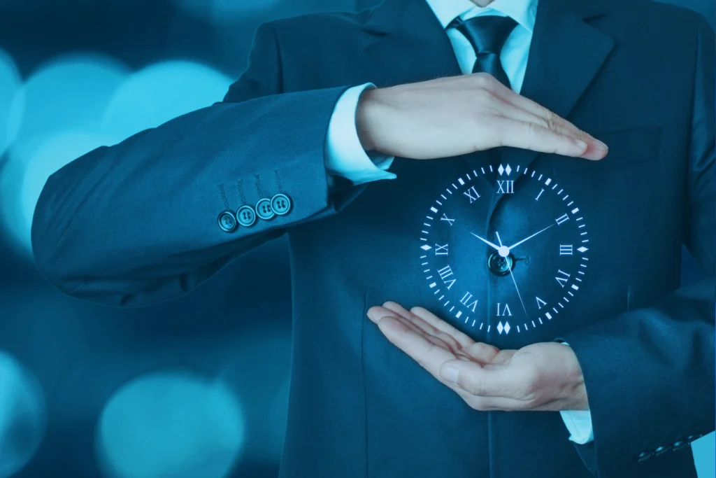 Men holding a clock in hand