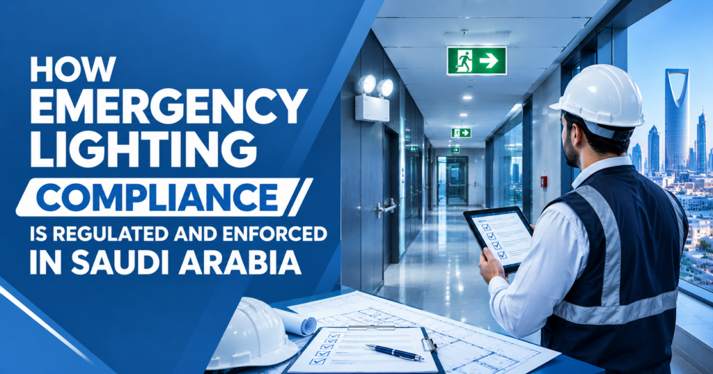 How emergency lighting compliance is regulated and enforced in Saudi Arabia