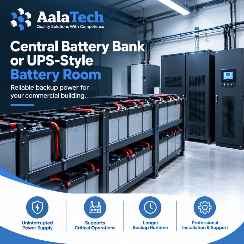Central battery system installation providing backup power for emergency lighting in a Saudi facility