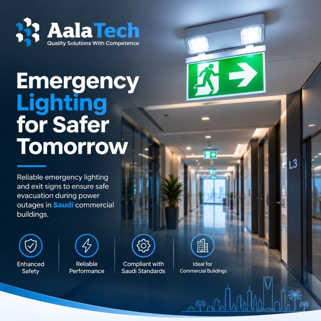 Emergency lighting providing safe egress illumination during power failure in a Saudi commercial building