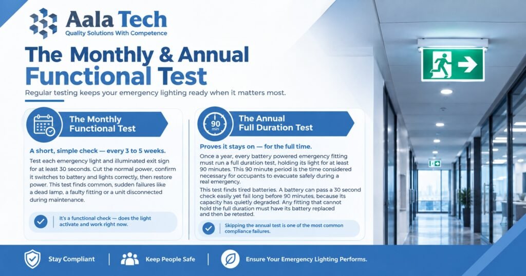 Emergency lighting testing schedule showing the monthly and annual tests